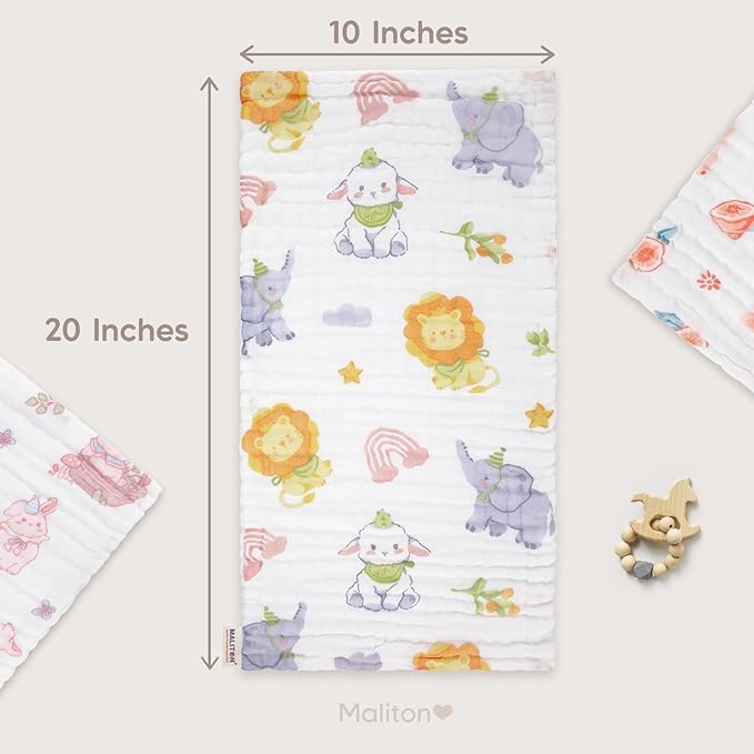 Maliton Muslin Burp Cloths for Baby Girl 6 Pack Large 20''x10'' 100% Cotton Burp Rags Absorbent and Soft 6 Layers Muslin Cloth Baby Boy Newborn Essentials Must Haves (Rabbit & Fruit)