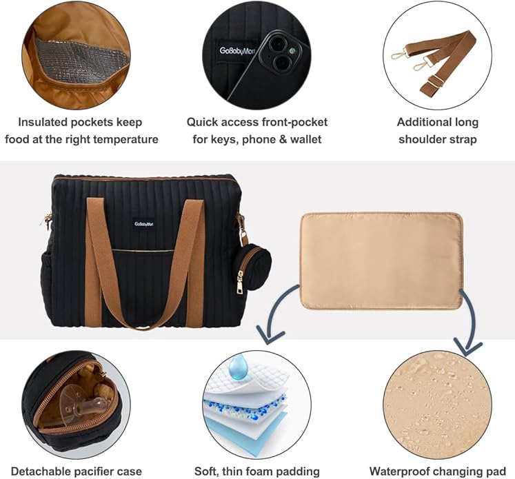 Diaper Bag Tote for Moms, Baby Hospital Bag with Insulated Bottle Pockets, Changing Pad & Stroller Straps