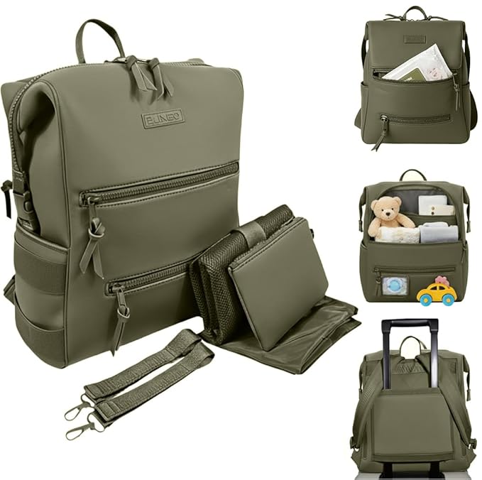 Neoprene Diaper Bag, Minimalist Backpack Diaper Bag with Pouch, Changing Pad, and Stroller Straps, Water Resistant and Lightweight Dad Diaper Bag, Diaper Bag Backpack - Olive