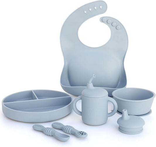 Little Loon Baby Feeding Essentials: Baby Led Weaning Supplies with Baby Plates, Silicone Bibs, Baby Spoons, Sippy Cups, Toddler Plates and Bowls Set - Baby Essentials - Baby Shower Gifts (Lake)