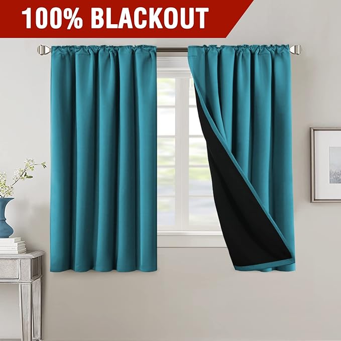 H.VERSAILTEX 100% Blackout Curtains for Bedroom with Black Liner Full Room Darkening Curtain 54 Inch Long Thermal Insulated Back Tab/Rod Pocket Window Drapes for Living Room, 2 Panels, Turquoise Blue