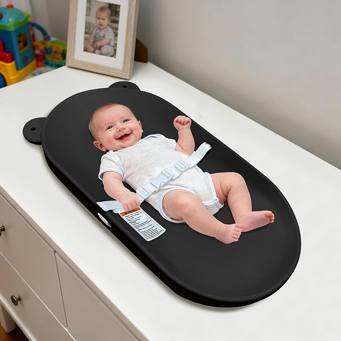 FLEUFAB Changing Pad, Wipeable Diaper Changing Pad with Safety Belt for Changing Table, Nursery, Dresser, EVA Non-Slip Baby Changing Table Pad, Black