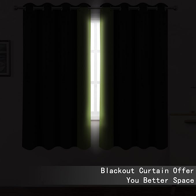 LEMOMO 100% Blackout Light Green Curtains with Black Lining/52 x 63 Inch/Set of 2 Panels Thermal Insulated Room Darkening Curtains for Bedroom