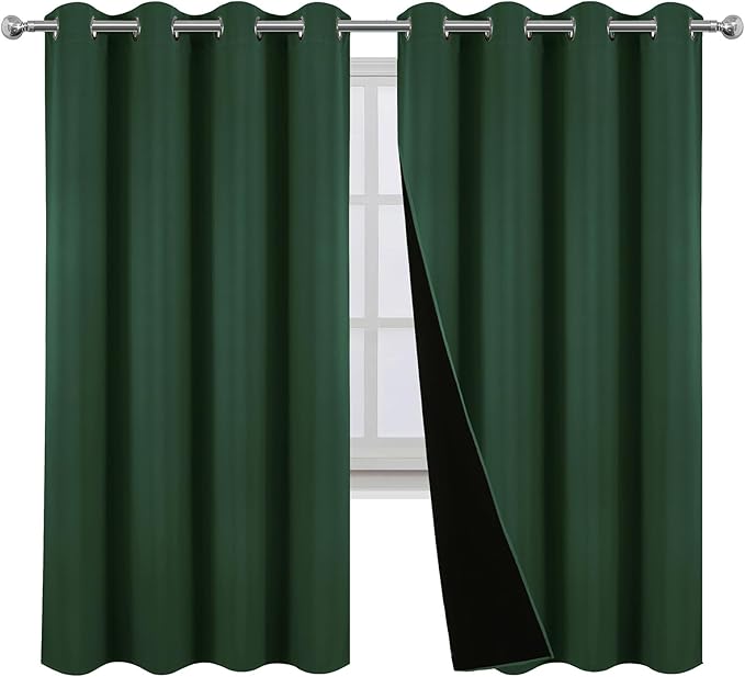 LEMOMO 100% Blackout Curtains 52 x 63 Inch Green Curtains 2 Panels Darkening Thermal Insulated Bedroom Curtains