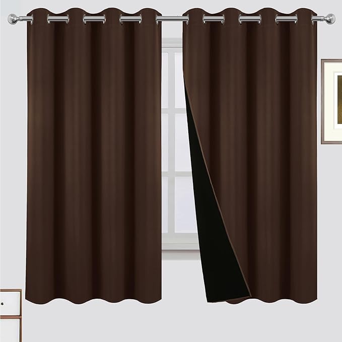 LEMOMO 100% Blackout Curtains 52 x 63 Inch Chocolate Brown Curtains 2 Panels Darkening Thermal Insulated Bedroom Curtains