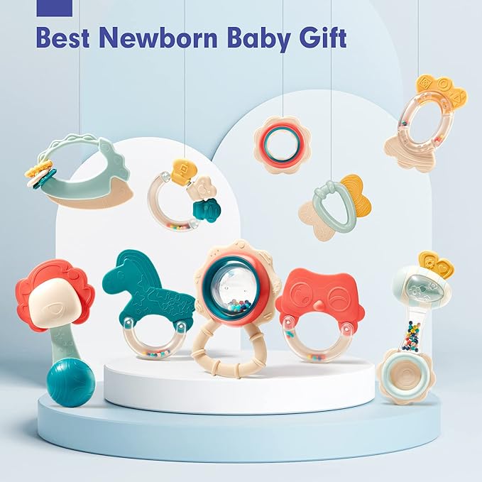 hahaland Baby Toys 0-6 Months - Baby Rattles Teething Toys 3-6 Months, Newborn Infant Toys 6-12 Months, Teether Grasping Shaker Toy Baby Gifts 6 5 4 3 Month Old Must Haves Montessori Rattle for Babies