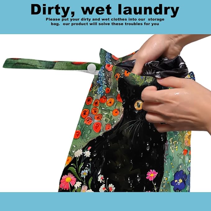 2Pcs Cat Wet Bag 12x10 Inch, Colorful Floral Waterproof Travel Laundry Bags, Washable Reusable Wet Dry Bag for Swimsuit Beach Diapers Dirty Yoga Gym Clothes, Flowers Gifts for Women Friend Travelers