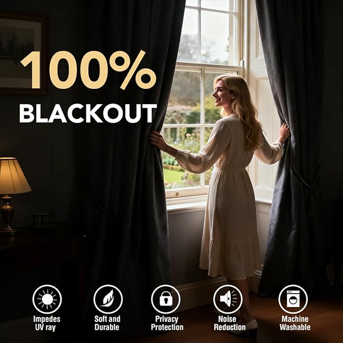 H.VERSAILTEX Velvet 100% Blackout Curtains for Living Room Full Light Blocking Curtains Thermal Insulated Room Window Drapes Soft Luxury Curtains Grommet Top 2 Panels (55" W x 63" L, Stone)