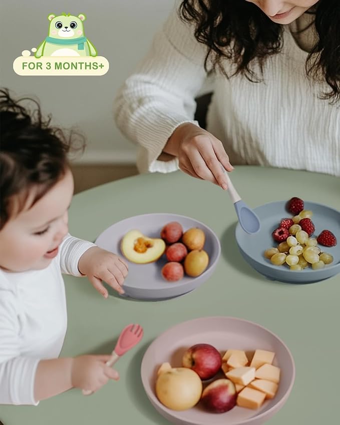 Onyucean Classic Suction Toddler Plates 3 PCS, Food Grade Silicone Baby Plate with Suction BPA Free, Deeper Feeding Dishes for Toddler Kids Baby, Dishwasher Safe
