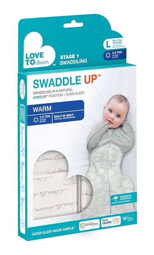 Love to Dream Swaddle UP Warm, 2.5 TOG, Dramatically Better Sleep, Allow Baby to Sleep in Preferred Arms Up Position for Self-Soothing, Snug Fit Calms Startle Reflex, 5-8.5lbs, Olive Bees