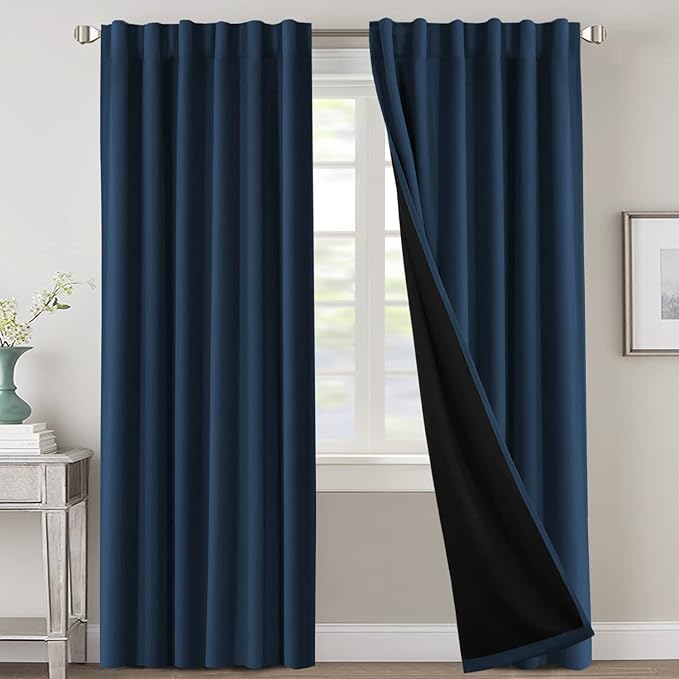 H.VERSAILTEX 100% Blackout Curtains for Bedroom with Black Liner Full Room Darkening Curtain 84 Inch Long Thermal Insulated Back Tab/Rod Pocket Window Treatment Drapes for Living Room, 2 Panels, Navy