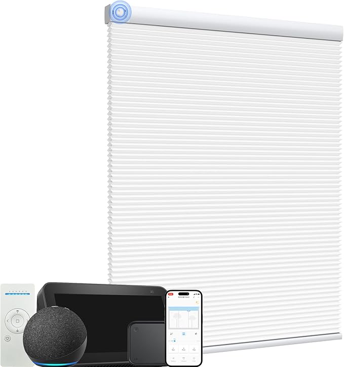 MYshade Motorized Cellular Shades - Smart Blinds Compatible with Alexa/Google Home/SmartThings,Light Filtering Rechargeable Cordless Honeycomb Blinds, Custom-Size Auto Shades for Windows (White)