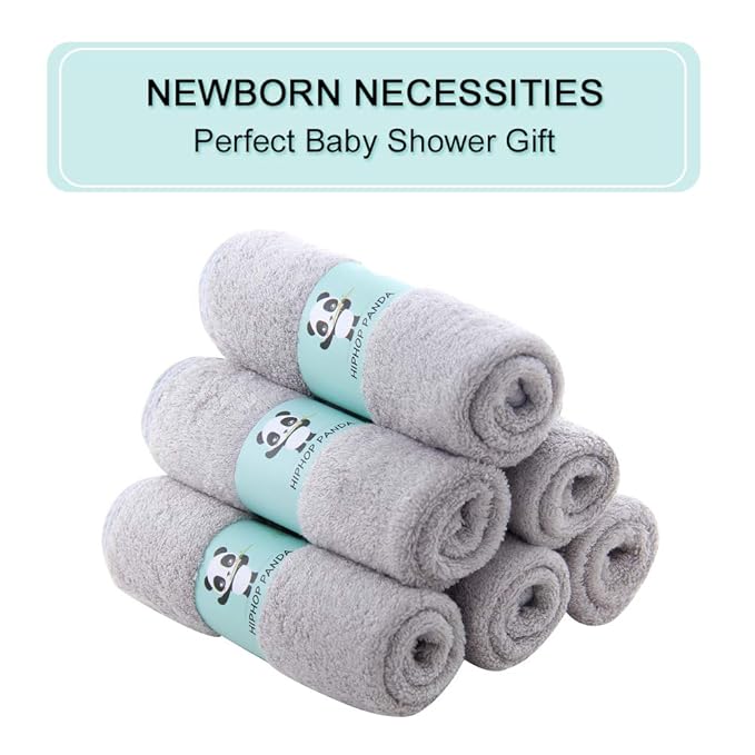 HIPHOP PANDA Baby Washcloths, Rayon Made from Bamboo - 2 Layer Ultra Soft Absorbent Newborn Bath Face Towel - Reusable Baby Wipes for Delicate Skin - Grey, 6 Pack