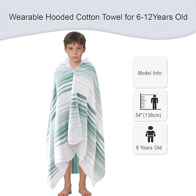 Hooded Bath Towel for Teens (8-14 Years,64"X33") | Soft Fluffy Quick Dry Absorbent 100%Cotton Thick Towel Wrap for Big Kids | Versatile Beach, Pool, Swim & Bath Cover-Up | Light Green Vertical Stripe