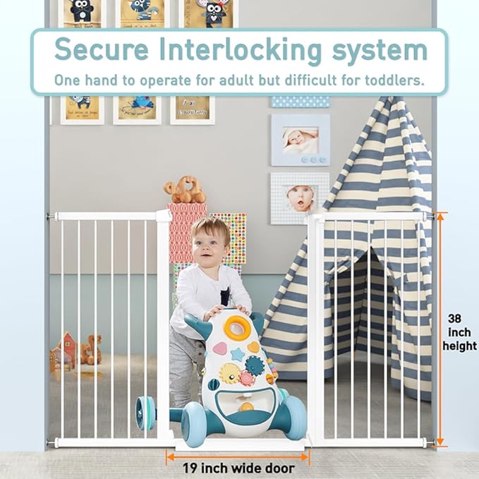 Fairy Baby 38" Extra Tall Baby Gate for Stairs Doorways, Extra Wide 54.4" to 59.8" Safety Dog Gate for House, Auto Close Pressure Mounted Easy Walk Through Pet Gate with Door, White