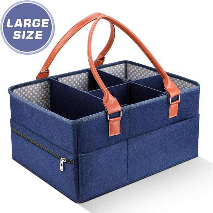 Marhynchus Large Portable Nappy Storage Basket with Detachable Divider, Felt Fabric Baby Diaper Caddy, Navy, for Nursery and Travel