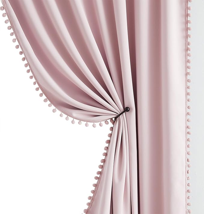 Pink Blackout-Curtains for Bedroom Pom Pom Thermal Insulated 100% Full Blackout Curtain Panels for Girls Baby Nursery Room 90 inch Energy Efficient Window Drapes for Kids 52"w x2 Panels Rod Pocket