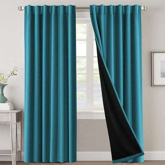 H.VERSAILTEX 100% Blackout Curtains for Bedroom with Black Liner Full Room Darkening Curtain 84 Inch Long Thermal Insulated Back Tab/Rod Pocket Window Drapes for Living Room, 2 Panels, Turquoise Blue