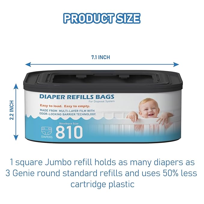 Jumbo Square Refills Disposal Bags Refill (Baby Powder Scent) Compatible with Diaper Genie Classic, Compact and Select Pails, Hold Up to 810 Newborn-Sized Diapers Per Refill, 6 Packs