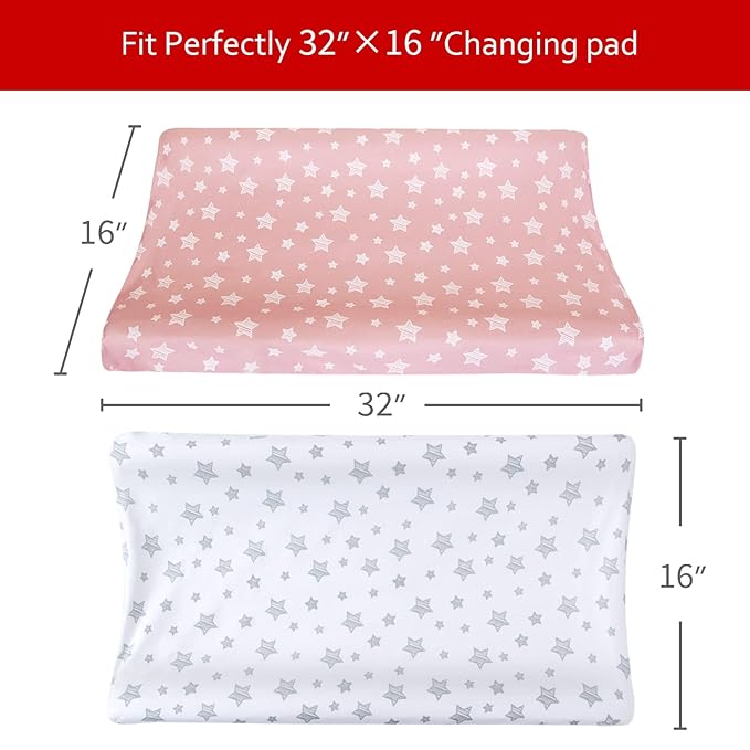 Changing Pad Cover for Girls 2 Pack, Lovely Print Soft Unisex Diaper Change Table Sheets, Fit 32"x16" Contoured Pad, Comfy Cozy 2-Pack Cradle Sheets, Pink&White