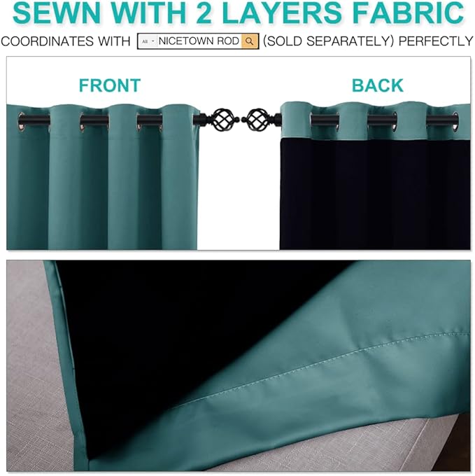NICETOWN 100% Blackout Curtains with Black Liners, Thermal Insulated 2-Layer Lined Drapes, Room Warming Window Draperies for Dining Room (Sea Teal, 2 Panels, 52 inches W by 54 inches L per Panel)