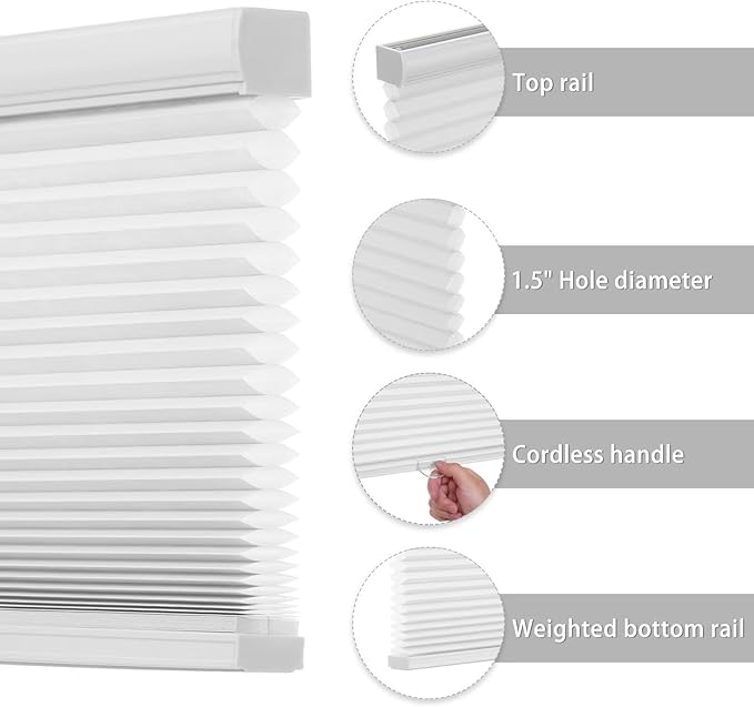 Changshade Cellular Shades Cordless Blinds for Indoor Windows, Honeycomb Blinds Pleated Window Shades Light Filtering for Bedroom, Bathroom, Shade Size 72 inch High 52 inch Wide, White