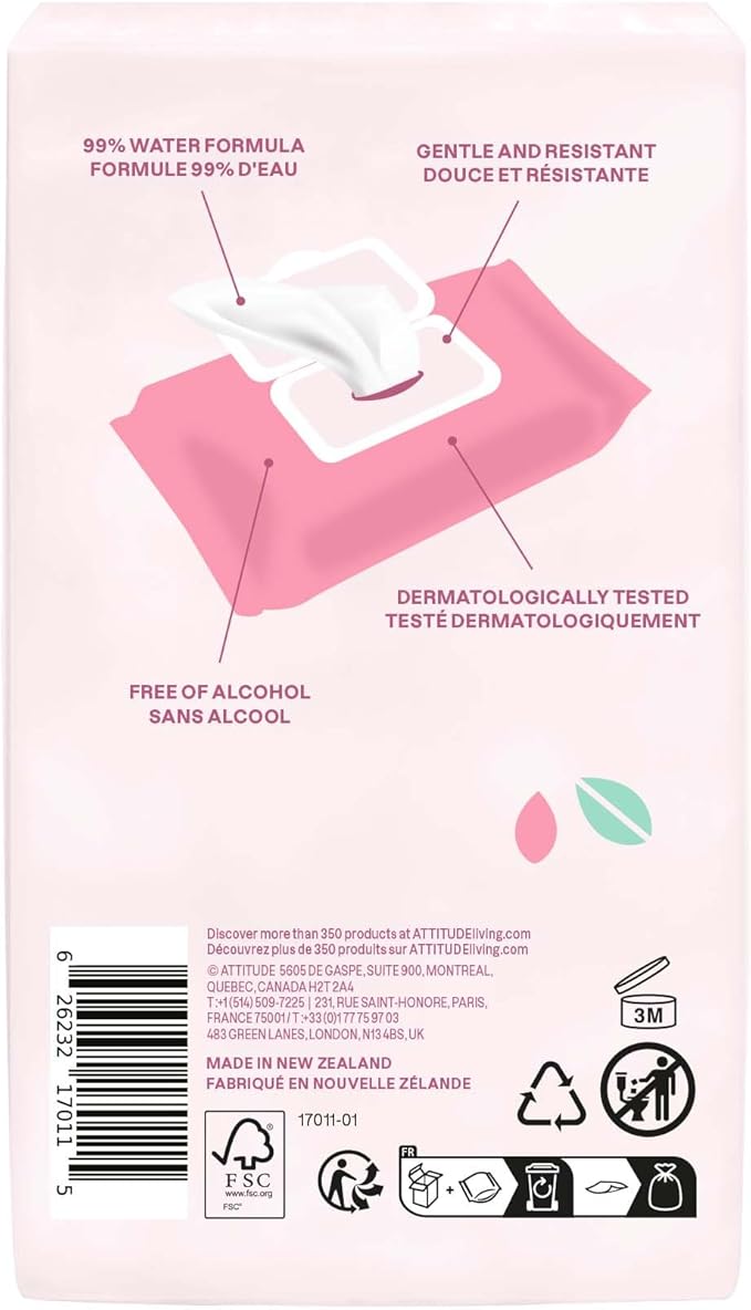 ATTITUDE Baby Water Wipes, EWG Verified, Safe for Newborns, Unscented & Fragrance-Free, 99% Water, Gentle, Vegan & Dermatologically Tested, Travel Pack with Hard Lid, 72 Count (Pack of 3)