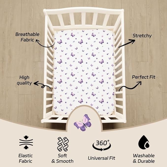 4 Pack Butterfly Baby Crib Sheets for Baby Girls Purple Crib Fitted Sheets for Standard Size Crib and Toddler Mattress Soft and Breathable (Crib)