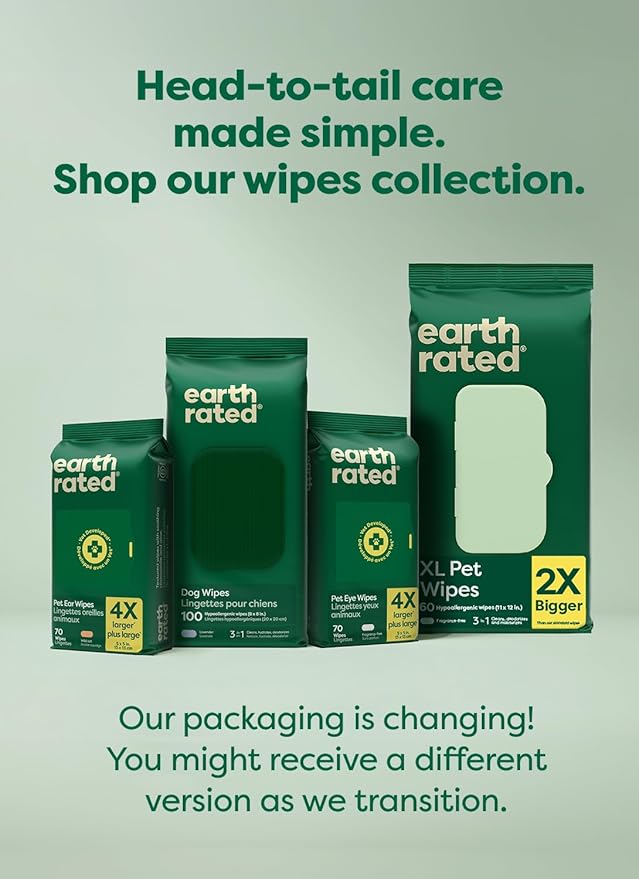 Earth Rated Pet Wipes for Dogs and Cats, Hypoallergenic, Cleaning and Hydrating, for Grooming Paws, Body and Butt, Unscented, 100 Count