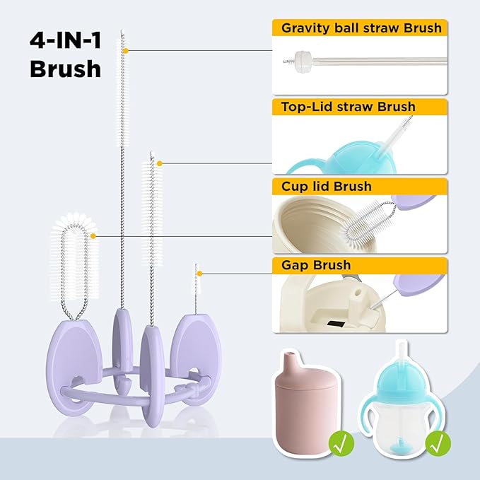 VOGOGE Baby Straw Brush Set, 4 Piece Cleaner Kit with Standable Key Ring for Sippy Cups, Weighted Straw Cups & Baby Bottles – Designed for 0–24 Months, Purple