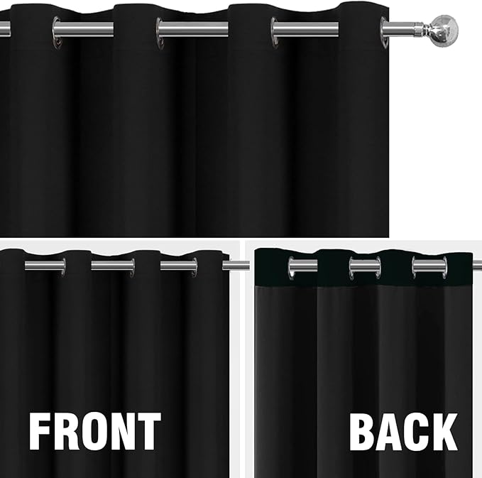 LEMOMO 100% Blackout Curtains 52 x 72 Inch Black Curtains 2 Panels Darkening Thermal Insulated Bedroom Curtains
