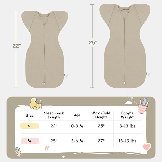 MEXXI Swaddle Baby Sleep Sack with Arms Up, Baby Transitional Swaddle with Double Zipper, 0.5 TOG, 13-19 lbs, M