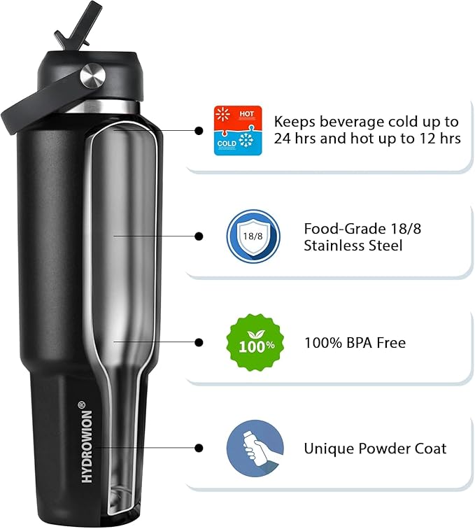 HYDROWION 40 oz Insulated Water Bottle, Car Water Bottle Holder - Double Wall Vacuum Insulated Travel Bottle with Straw Lid, Spout Lid and Flex Cap - Cold for 24H, Hot for 12H, Blue - Red