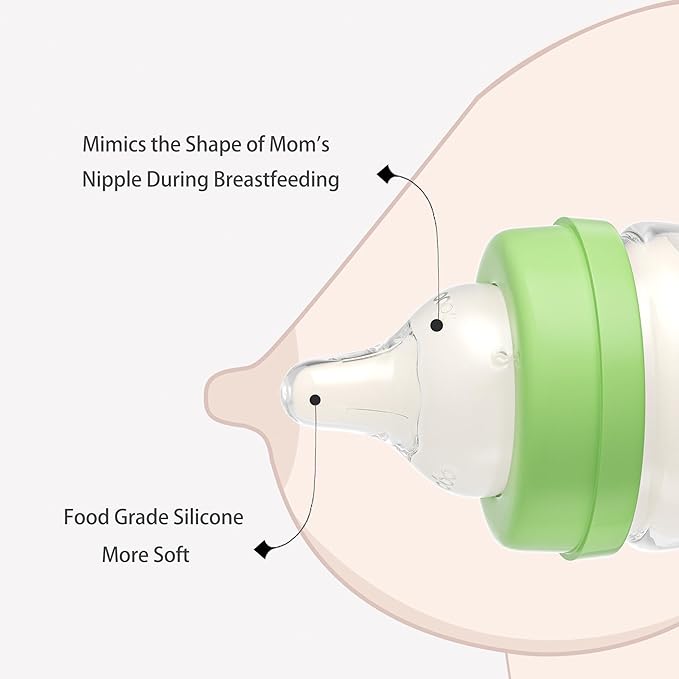 YOHKOH Glass Baby Bottles with Slow Flow Nipple, Newborn Anti-Colic Baby Bottles for 0+ Months, Wide Neck Feeding Bottle, Clear (Green, 5oz (Pack of 4))