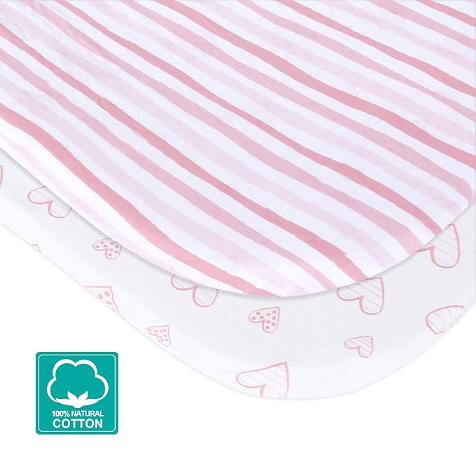 Bassinet Sheets Compatible with Semphis 3 in 1 Bedside Bassinet, Ezebaby Baby Bedside Sleeper and Arm's Reach Co-Sleeper Bassinet, 2 Pack, 100% Cotton Fitted Sheets, Pink Print for Baby