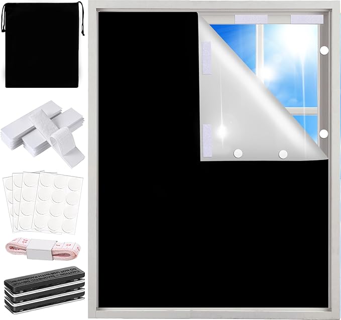100% Blackout Shades Curtains for Bedroom 57x 79Inch,No Drill,Portable,DIY Cut,Removable,Black Out Blinds Window Cover for Baby Nursery,RV,Media Room,Hook Loop Tape Straps Stickers,Magnetic Clips