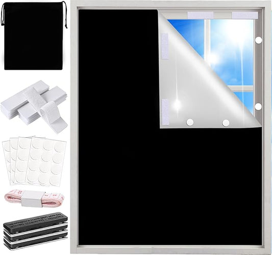 100% Blackout Shades Curtains for Bedroom 57x 79Inch,No Drill,Portable,DIY Cut,Removable,Black Out Blinds Window Cover for Baby Nursery,RV,Media Room,Hook Loop Tape Straps Stickers,Magnetic Clips