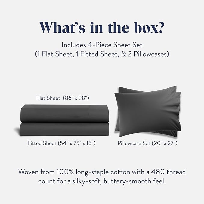 Brooklinen Luxury Sateen 4 Piece Sheet Set - 100% Cotton Bed Sheets, Soft & Durable Full Size Sheets Set in Slate Grey, Oeko-TEX Certified Bedding Set, 1 Fitted Sheet, 1 Flat Sheet, 2 Pillowcases