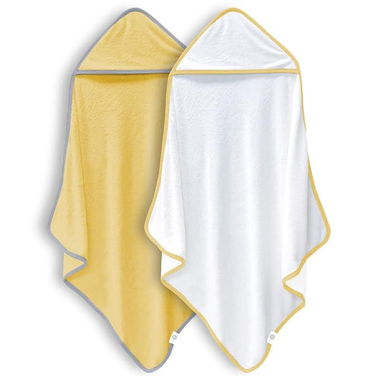 2 Pack Baby Bath Towel - Rayon Made from Bamboo, Ultra Absorbent - Ultra Soft Hooded Towels for Kids - X Large Size for 0-7 Yrs (White and Yellow, 37.5 x 37.5 Inch)