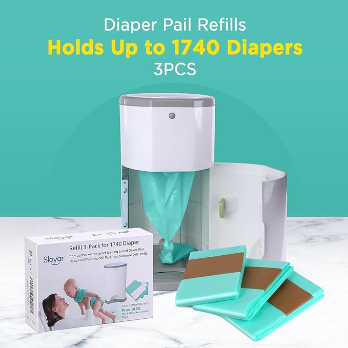 Sloyar Refills Compatible with DEKOR CLASSIC Diaper Pails/3 Pack/30% Thicker Design/Suitable for Seniors and Infants/Baby Powder Fragrance/Holds up to 1740 Diapers