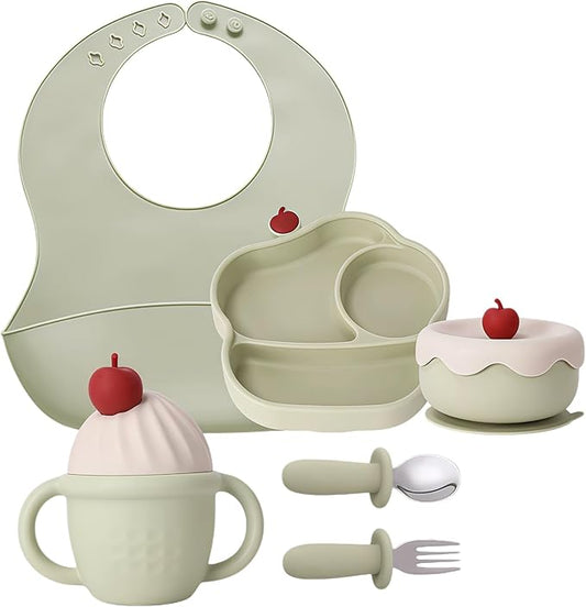 COZY ROCK Silicone Baby Feeding Set, Gelato Collection Baby Led Weaning Supplies, First Self-Feeding Set with Silicone Suction Bowl & Plate, Straw Cup & Bib, Fork & Spoon Silicone Baby (Green)
