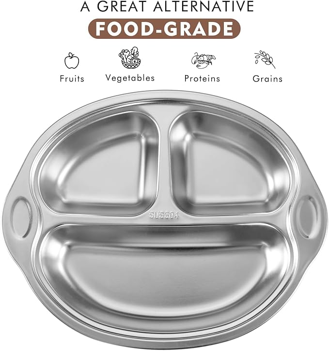 Mrs. Chou Stainless Steel Baby Suction Plates: Divided Plates for Babies and Toddlers, Made of 100% Food-Grade Materials Ideal for Baby-Led Weaning BPA-Free Toddler Feeding Dishwasher Safe Gray