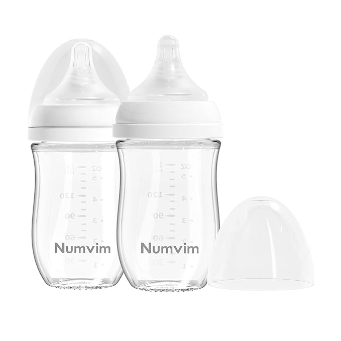 Numvim Glass Baby Bottle Gentle & Extra Slow Flow, Newborn Breastfeeding Bottle with Anti Colic Nipple for 1 Months Babies, Includes S Nipples, (5Oz, 2 Packs)