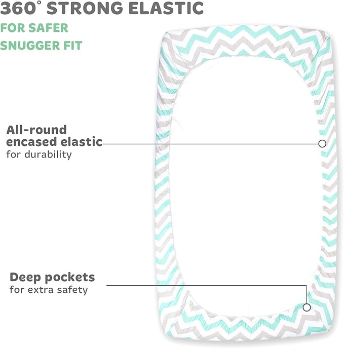 Cradle Sheets Fitted 18 x 36 – Fits Most Bedside Sleeper Bassinets Without Bunching Mattress Pad – Snuggly Soft Jersey Cotton – Grey, Mint, Chevron, Elephants – 2 Pack