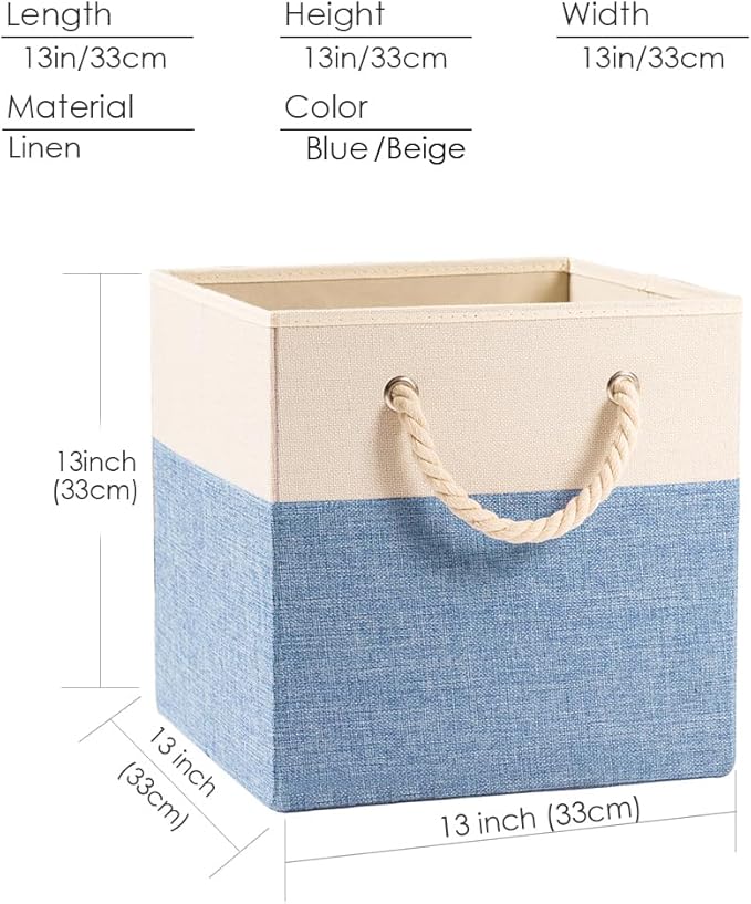PRANDOM Large Foldable Cube Storage Bins 13x13 inch [4-Pack] Fabric Linen Storage Baskets Cubes Drawer with Cotton Handles Organizer for Shelves Nursery Closet Bedroom Beige/Blue