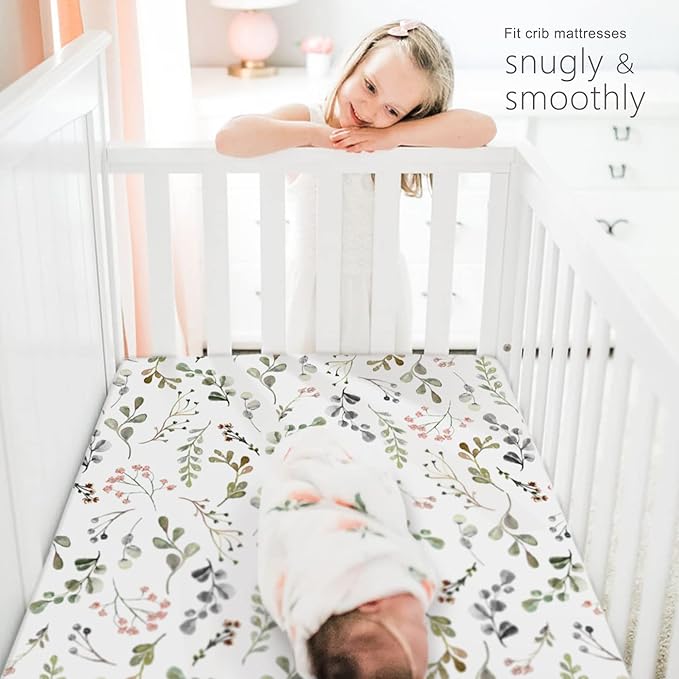 GRSSDER Stretchy Ultra Soft Jersey Knit Fitted Crib Sheets Set 2 Pack, Cozy Crib Sheet Fits All Standard Crib Mattress Pads, Stylish Watercolor Rose and Flora