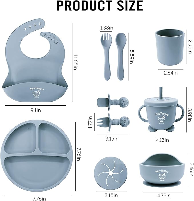 Tiny Tastes 10-Piece Silicone Baby Feeding Set – BPA-Free, Spill-Proof Suction Plate, Bowl, Bib, Snack Cup & Utensils | Dishwasher Safe, Baby Gift Ready (Blue)
