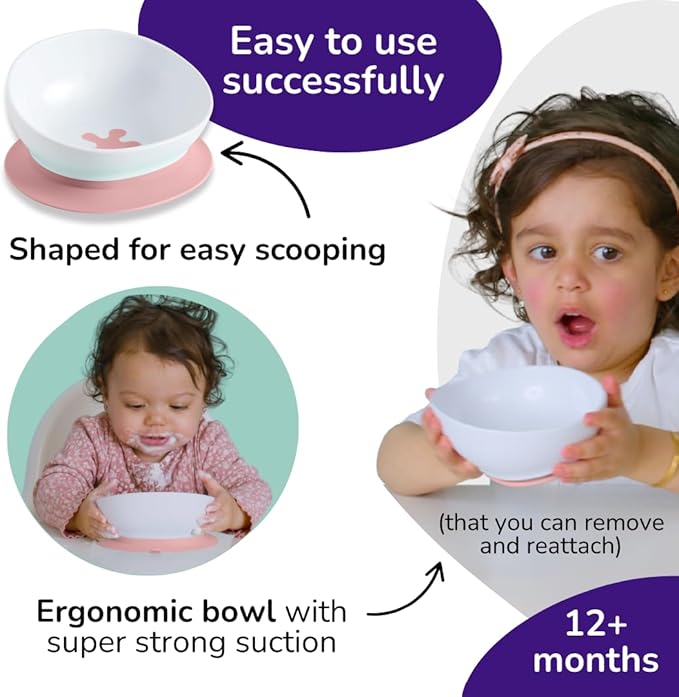 doddl Toddler and Baby Suction Bowl, Ergonomic Toddler Dishes for Self Feeding, 1-3 Year Olds, Dishwasher Safe, BPA Free (Dusky Rose)