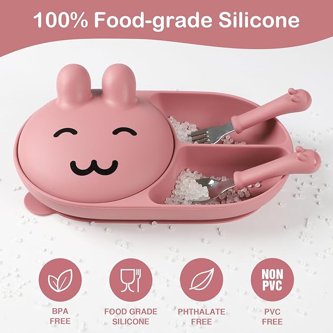 Silicone Baby Plate,Toddler plates,Self-feeding of infants after weaning, 100% Food Grade Silicone, BPA Free, Baby Dinnerware, Baby Plates With Suction, Divided Plate for Babies (pink)