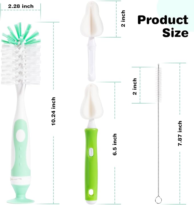 Baby Bottle Brush with One Base Hidden Nylon Nipple Cleaner, Stand Suction Cup,2 Pack Straw Brushes,1 Pack Sponge Nipple,1 Piece Replacement Head, Green